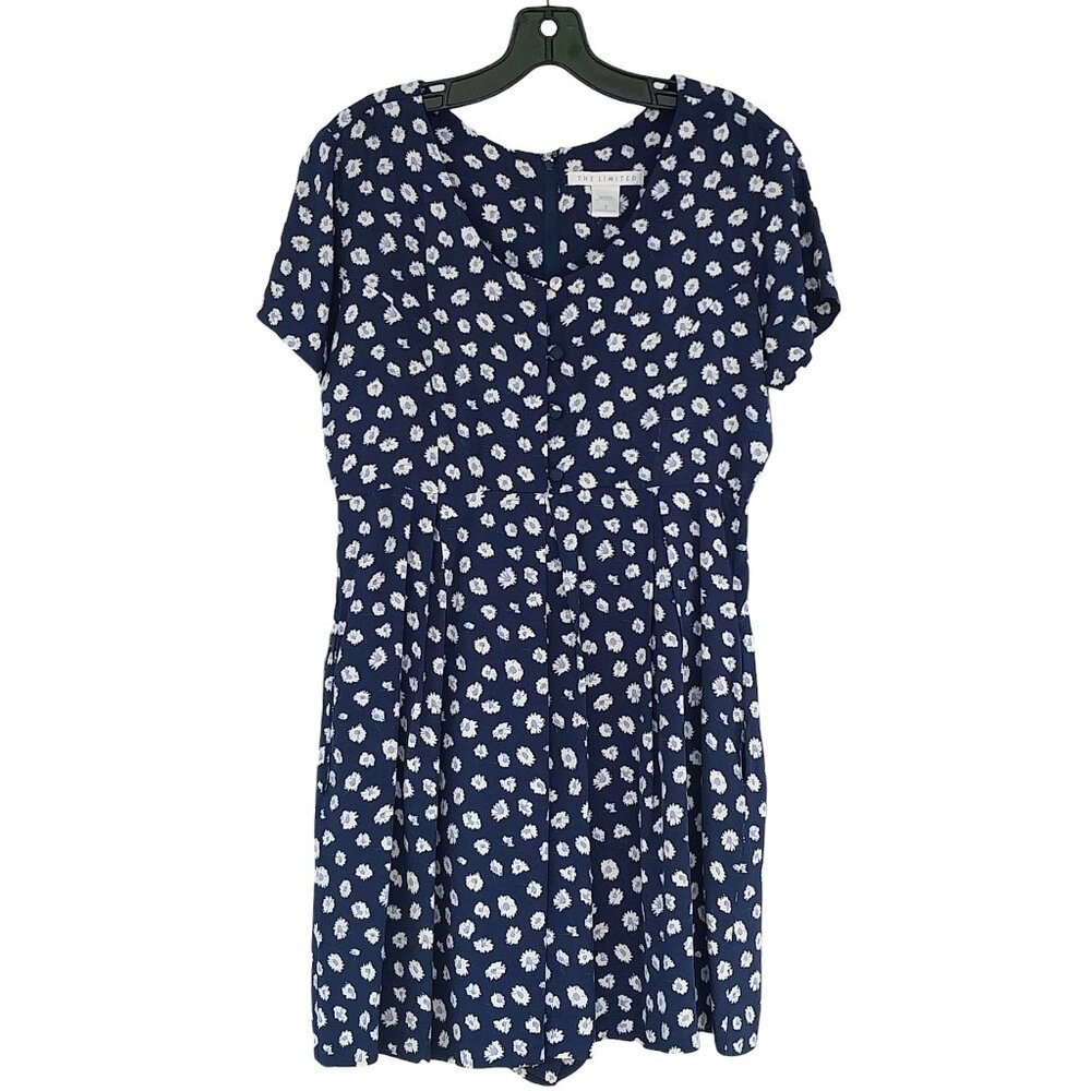 The Limited Floral Short Sleeve Romper with Pockets, Vintage, Navy Blue, Small